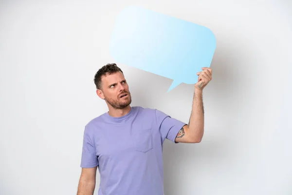 Young Brazilian Man Isolated White Background Holding Empty Speech Bubble — ストック写真