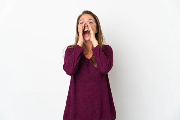 Middle Age Brazilian Woman Isolated White Background Shouting Announcing Something — Stock Photo, Image