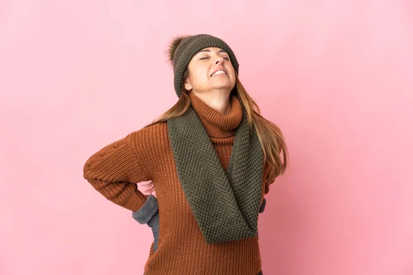 Middle Age Woman Winter Hat Isolated Pink Background Suffering Backache — Stock Photo, Image