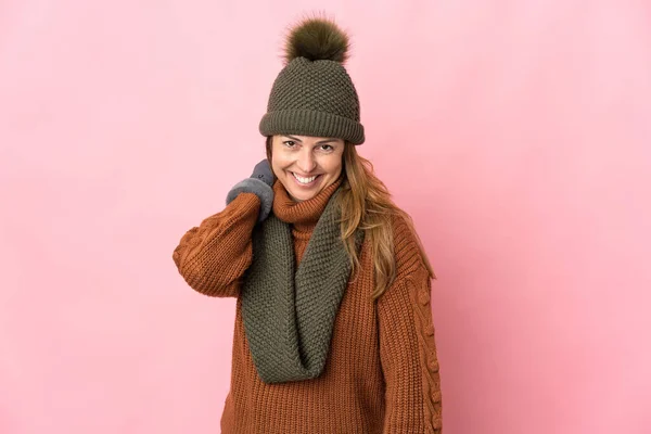 Middle Age Woman Winter Hat Isolated Pink Background Laughing — Stock Photo, Image