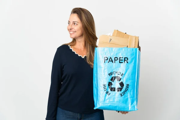 Middle Age Brazilian Woman Holding Recycling Bag Full Paper Recycle — Stock Photo, Image