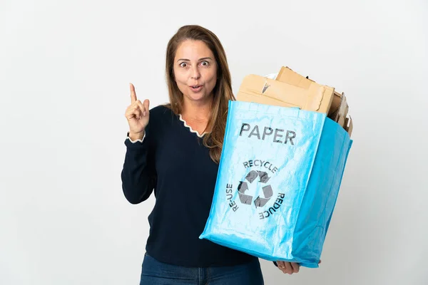 Femme Brésilienne Moyen Âge Tenant Sac Recyclage Rempli Papier Recycler — Photo