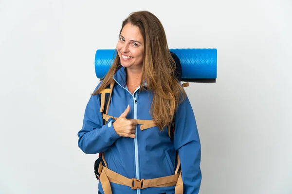 Middle Age Mountaineer Woman Big Backpack Isolated Background Giving Thumbs — Stock Photo, Image