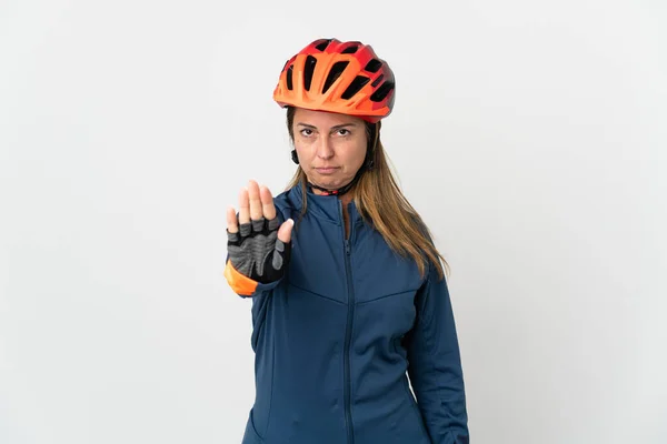 Middle Age Cyclist Woman Isolated White Background Making Stop Gesture — Stock Photo, Image