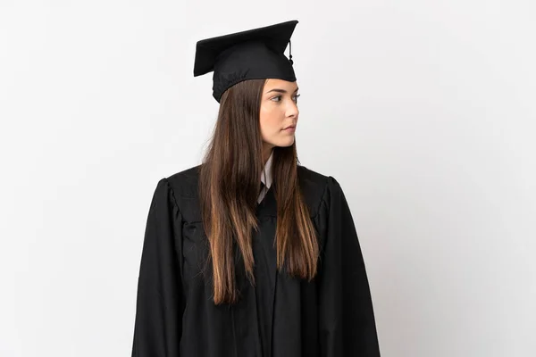 Tonåring Brasilianska Universitet Examen Över Isolerad Vit Bakgrund Tittar Sidan — Stockfoto