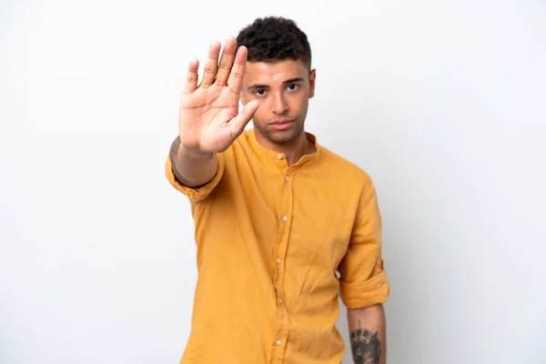 Young Caucasian Brazilian Man Isolated White Background Making Stop Gesture — Stockfoto
