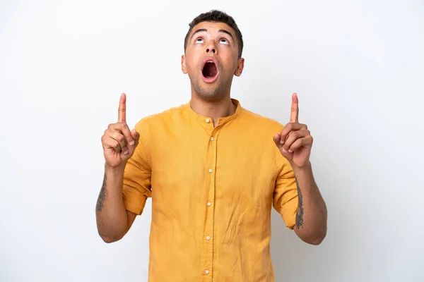 Young Caucasian Brazilian Man Isolated White Background Surprised Pointing — Stock fotografie