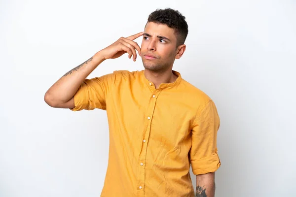 Young Caucasian Brazilian Man Isolated White Background Making Gesture Madness — Stockfoto