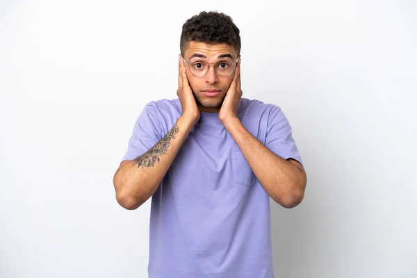 Young Caucasian Brazilian Man Isolated White Background Frustrated Covering Ears — ストック写真