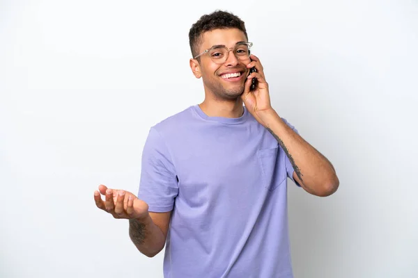 Young Caucasian Brazilian Man Isolated White Background Keeping Conversation Mobile — Fotografia de Stock