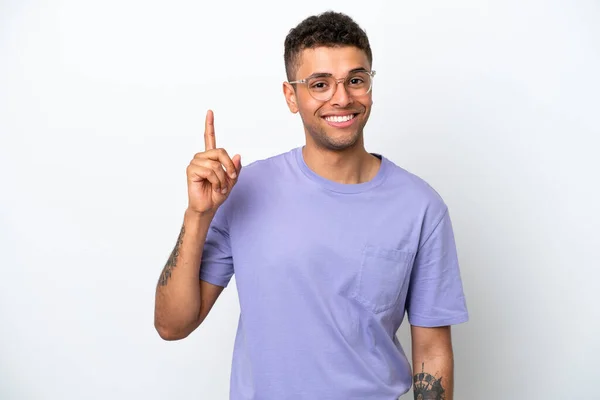 Young Caucasian Brazilian Man Isolated White Background Showing Lifting Finger — Stockfoto