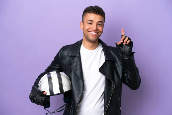 Young Brazilian Man Motorcycle Helmet Isolated Purple Background Pointing Great — Stok fotoğraf