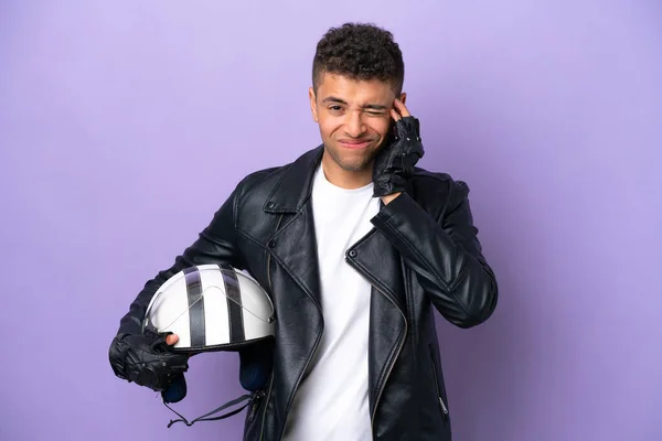 Young Brazilian Man Motorcycle Helmet Isolated Purple Background Frustrated Covering — Φωτογραφία Αρχείου