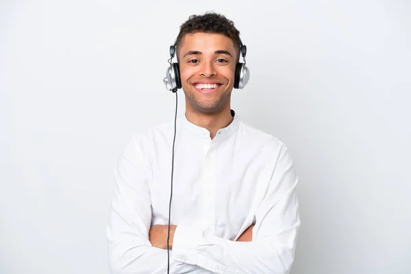 Telemarketer Brazilian Man Working Headset Isolated White Background Keeping Arms —  Fotos de Stock