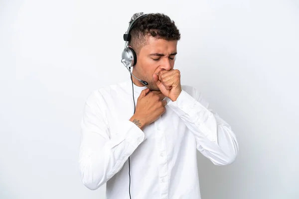 Telemarketer Brasilianischer Mann Der Mit Kopfhörer Auf Weißem Hintergrund Arbeitet — Stockfoto