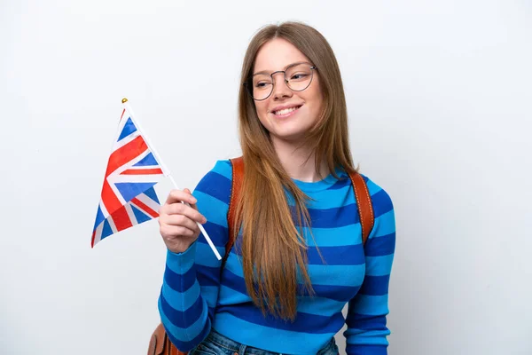 Jovem Caucasiana Segurando Uma Bandeira Reino Unido Isolada Fundo Branco — Fotografia de Stock