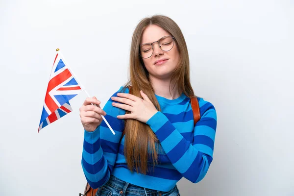 Fiatal Kaukázusi Kezében Egy Egyesült Királyság Zászlót Elszigetelt Fehér Háttér — Stock Fotó