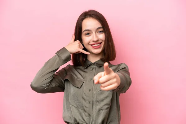 Young Ukrainian Woman Isolated Pink Background Making Phone Gesture Pointing — Stock Photo, Image