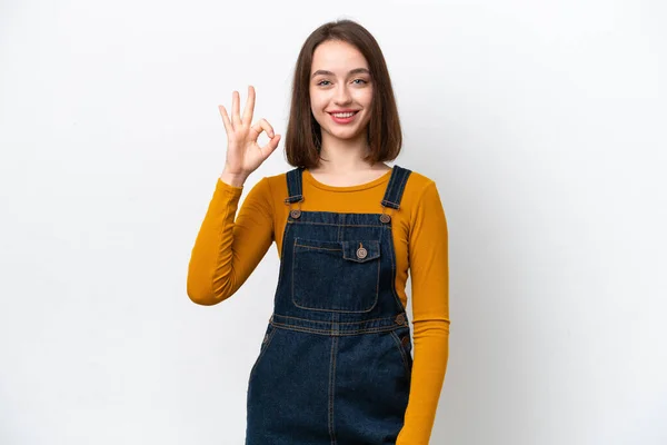 Молодая Украинка Изолирована Белом Фоне Показывая Знак Пальцами — стоковое фото