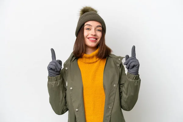 Young Ukrainian Woman Wearing Winter Jacket Isolated White Background Pointing — Stock Photo, Image