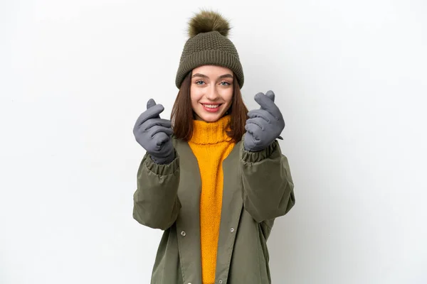 Ung Ukrainsk Kvinna Bär Vinter Jacka Isolerad Vit Bakgrund Att — Stockfoto