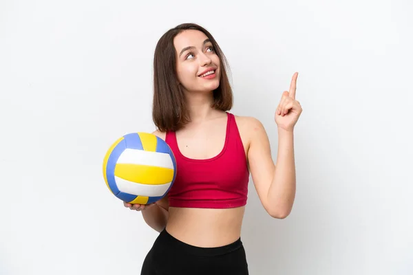 Young Ukrainian Woman Playing Volleyball Isolated White Background Pointing Great — Stock Photo, Image