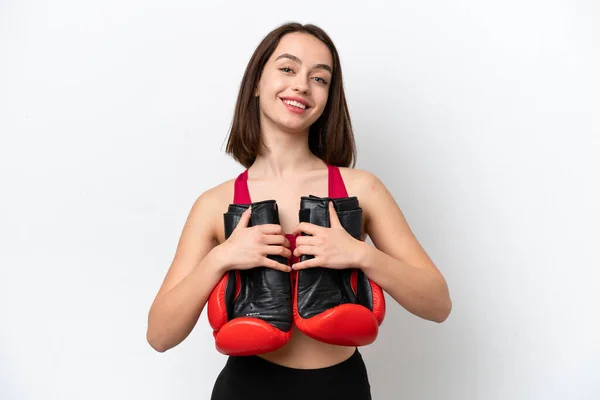 Mujer Ucraniana Joven Aislada Sobre Fondo Blanco Con Guantes Boxeo —  Fotos de Stock