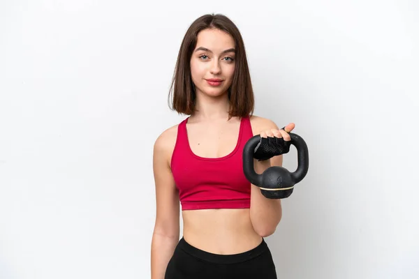 Jovem Ucraniana Isolada Fundo Branco Fazendo Levantamento Peso Com Kettlebell — Fotografia de Stock