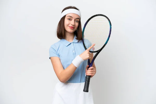 Mladý Ukrajinský Tenista Žena Izolované Bílém Pozadí Ukazuje Stranu Prezentovat — Stock fotografie