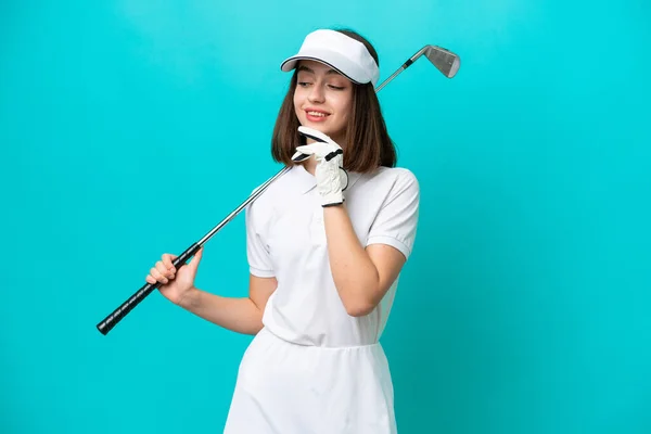 Joven Jugador Golf Ucraniano Mujer Aislada Sobre Fondo Azul Mirando — Foto de Stock