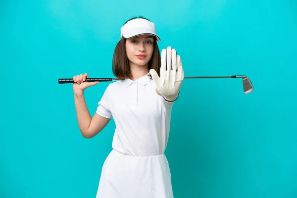 Joven Jugador Golf Ucraniano Mujer Aislado Sobre Fondo Azul Haciendo — Foto de Stock