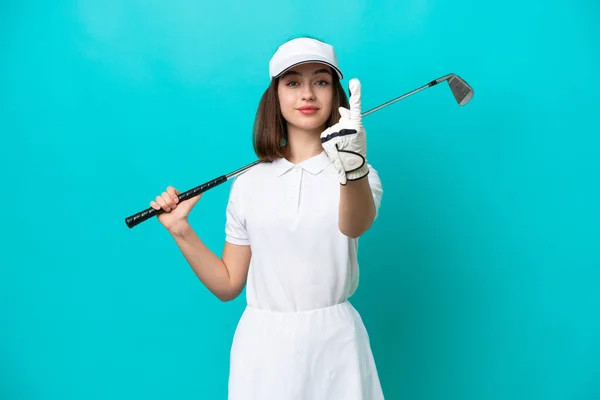 Mladý Ukrajinský Golfista Žena Izolované Modrém Pozadí Dělá Nadcházející Gesto — Stock fotografie