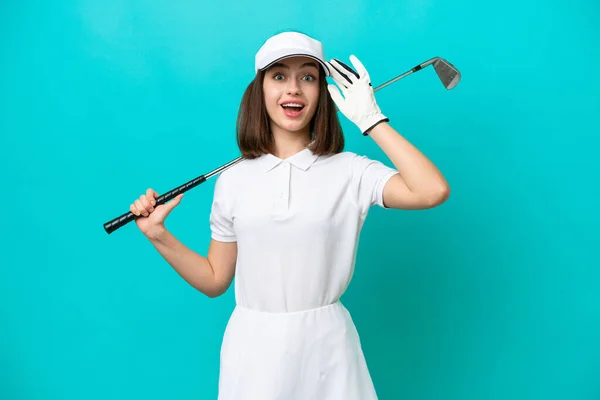 Young Ukrainian Golfer Player Woman Isolated Blue Background Surprise Expression — Stock Photo, Image