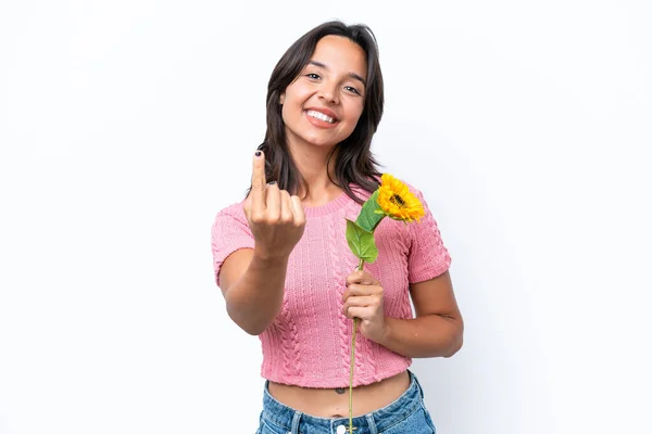 Jovem Hispânica Segurando Girassol Isolado Fundo Branco Fazendo Gesto Vindo — Fotografia de Stock