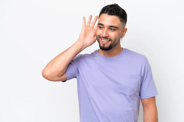 Young Arab Handsome Man Isolated White Background Listening Something Putting — 스톡 사진