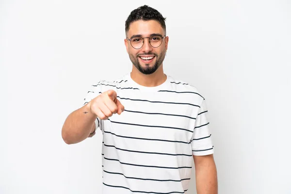 Young Arab Handsome Man Isolated White Background Surprised Pointing Front — Foto Stock