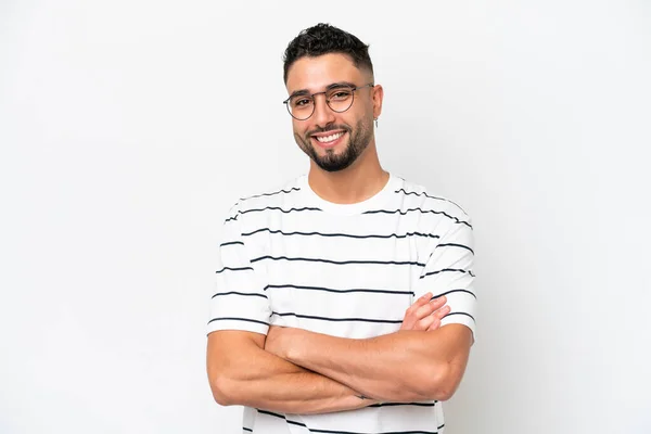 Young Arab Handsome Man Isolated White Background Arms Crossed Looking — Zdjęcie stockowe