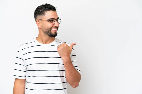 Young Arab Handsome Man Isolated White Background Pointing Side Present — Φωτογραφία Αρχείου