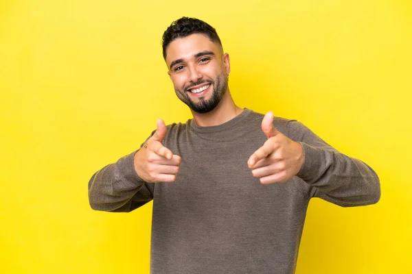 Young Arab Handsome Man Isolated Yellow Background Pointing Front Smiling — 스톡 사진