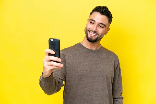 Young Arab Handsome Man Isolated Yellow Background Making Selfie — 스톡 사진