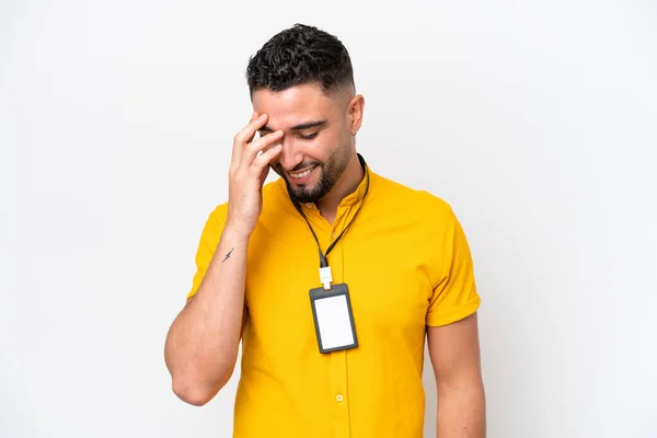 Young Arab Man Card Isolated White Background Laughing — Stockfoto