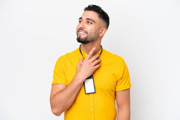 Young Arab Man Card Isolated White Background Looking While Smiling — Stockfoto