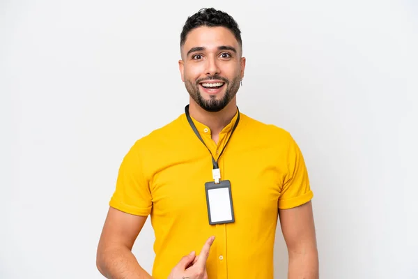 Young Arab Man Card Isolated White Background Surprise Facial Expression — Stockfoto