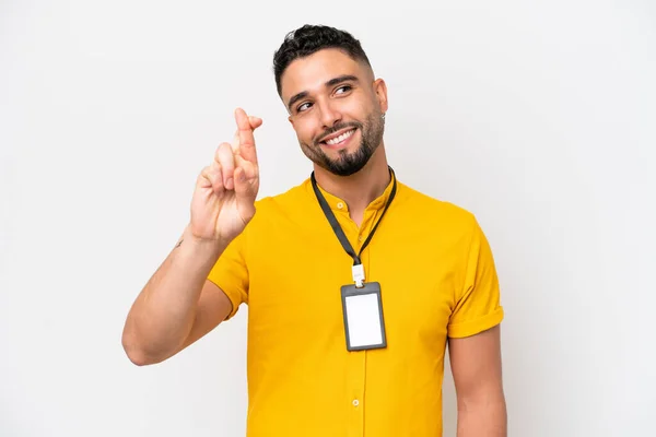 Young Arab Man Card Isolated White Background Fingers Crossing Wishing — Stockfoto