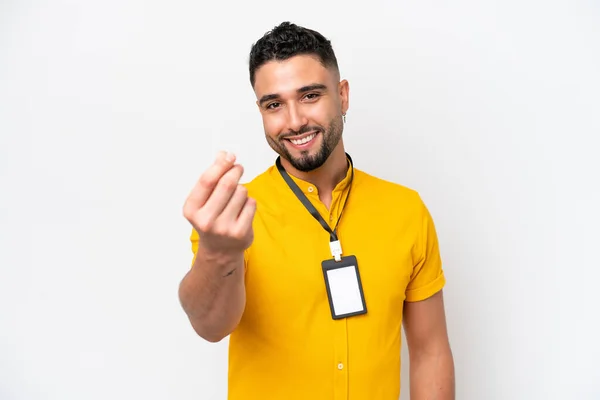 Young Arab Man Card Isolated White Background Making Money Gesture — 스톡 사진