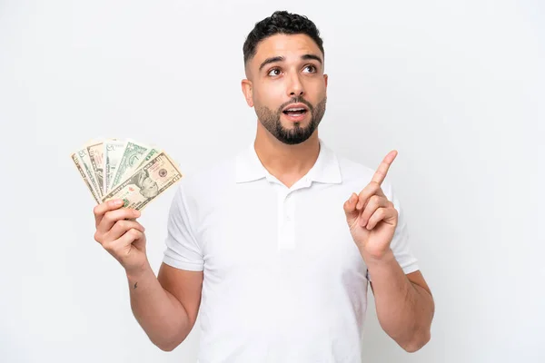 Young Arab Man Taking Lot Money Isolated White Background Thinking — Φωτογραφία Αρχείου