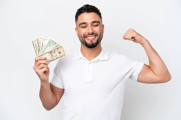 Young Arab Man Taking Lot Money Isolated White Background Doing — Φωτογραφία Αρχείου