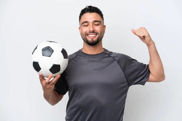 Arab Young Football Player Man Isolated White Background Doing Strong —  Fotos de Stock