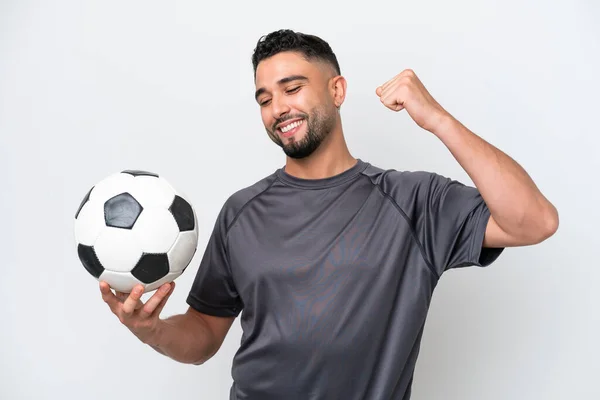 Arab Young Football Player Man Isolated White Background Celebrating Victory — стоковое фото