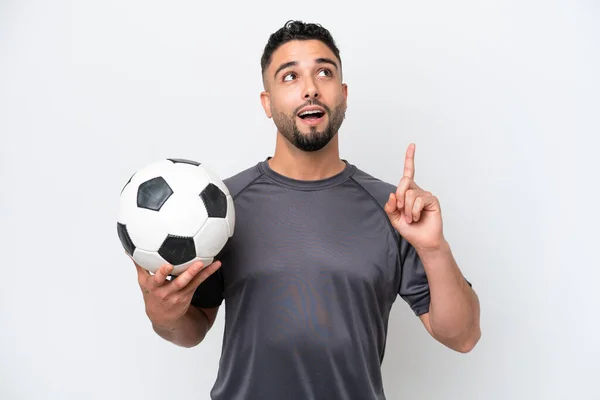 Arab Young Football Player Man Isolated White Background Thinking Idea — Stock Photo, Image